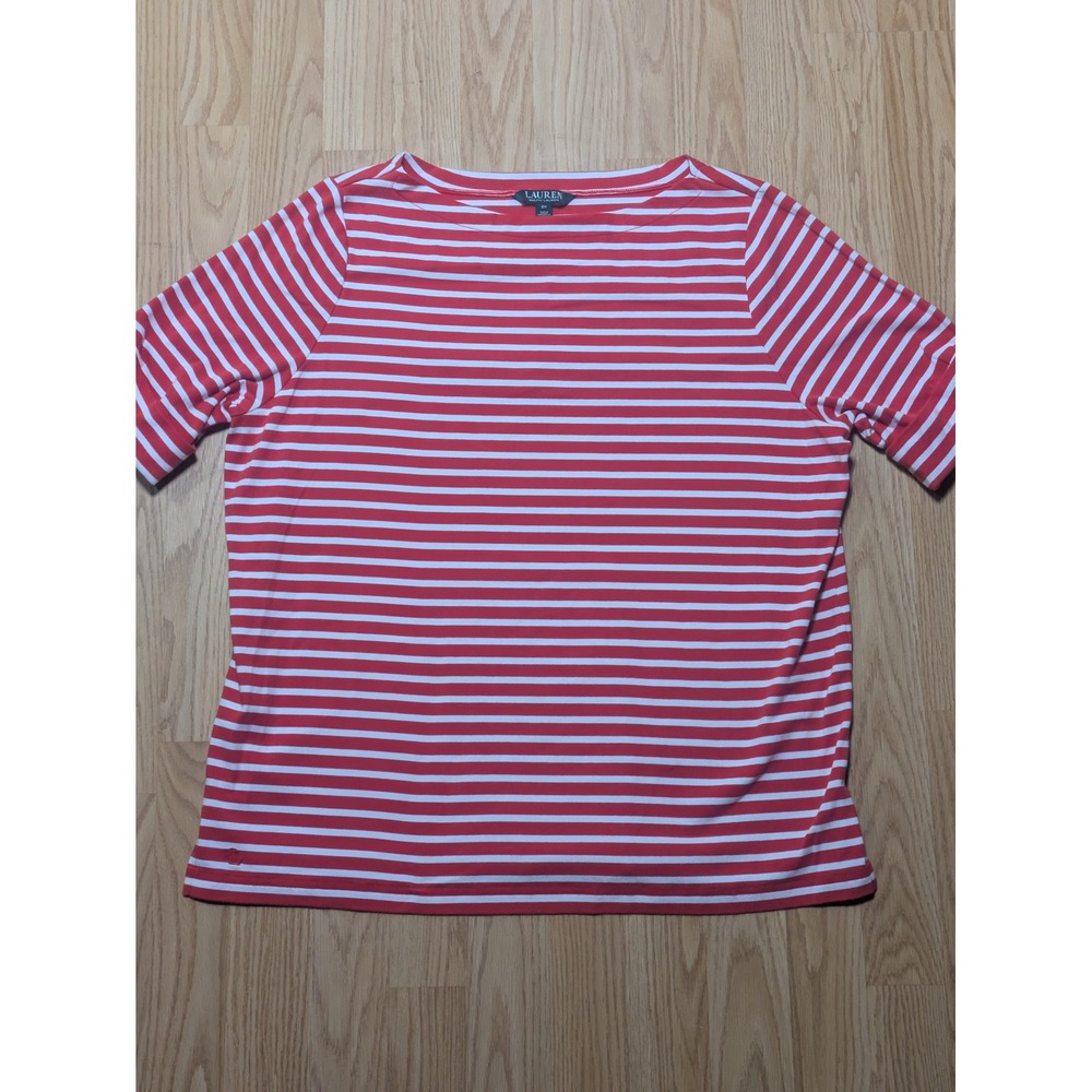 Lauren Ralph Lauren Womens Short Sleeve Boat Neck Striped Red White 2X